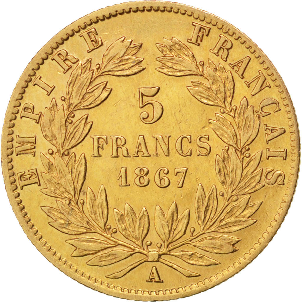 FRANCE, Napoléon III, 5 Francs, 1867, Paris, KM #803.1, EF(40-45), Gold, Gadoury