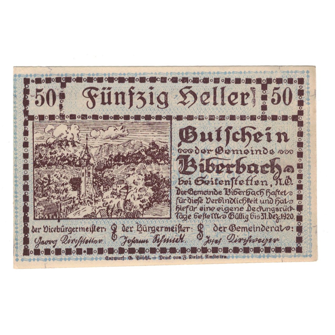 Banknote, Austria, Biberbach N.Ö. Gemeinde, 50 Heller, Texte, 1920, 1920-12-30