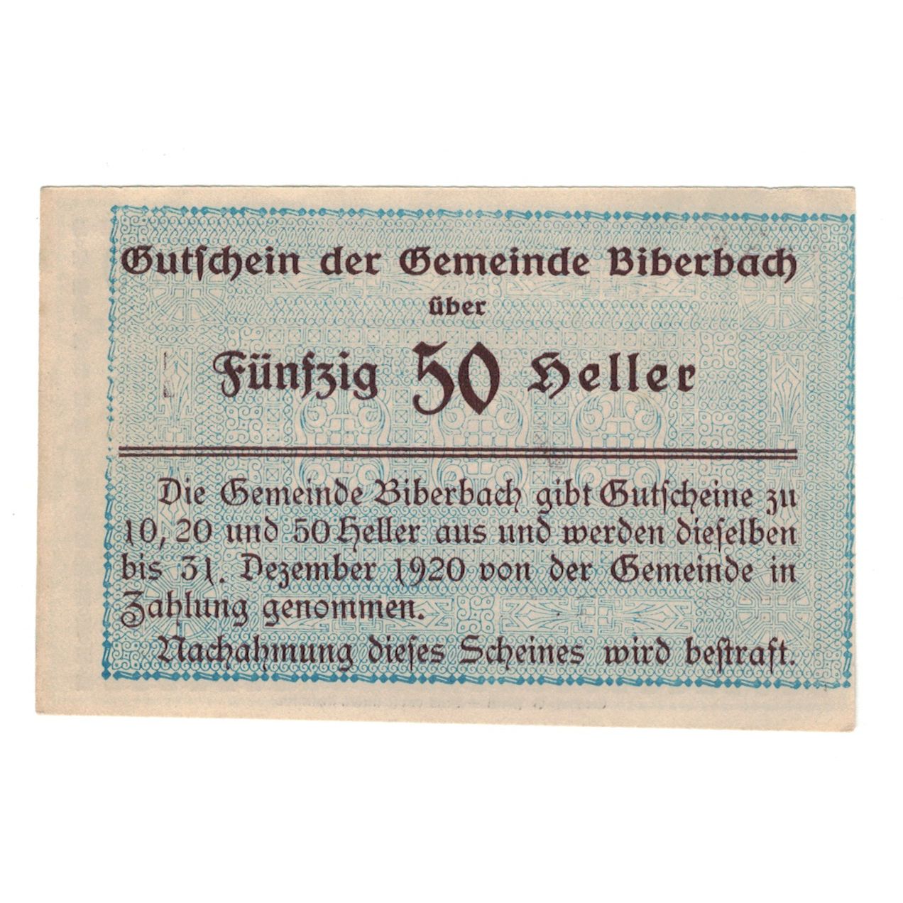 Banknote, Austria, Biberbach N.Ö. Gemeinde, 50 Heller, Texte, 1920, 1920-12-30