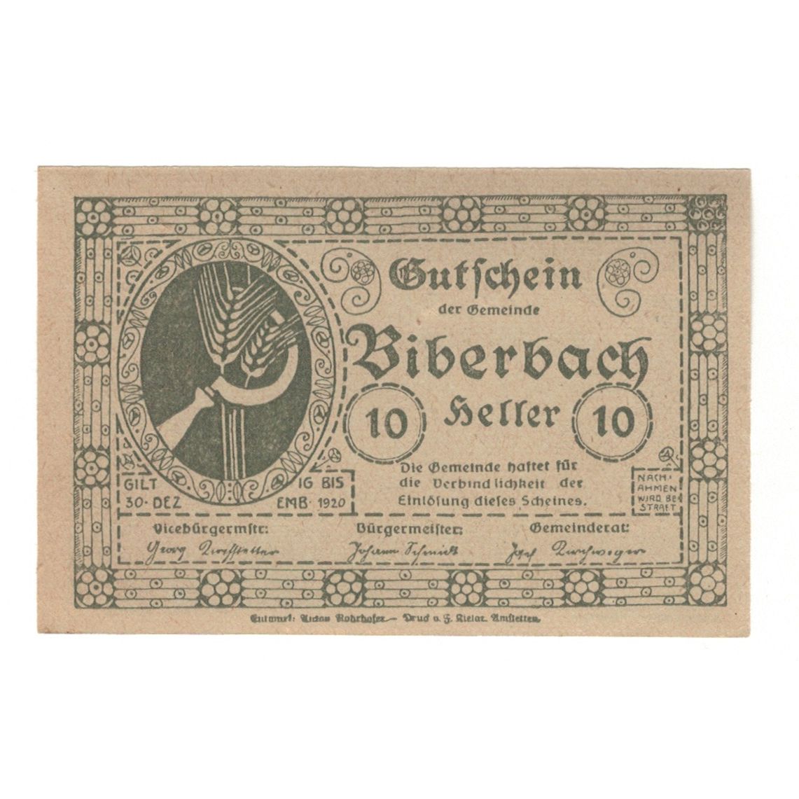 Banknote, Austria, Biberbach N.Ö. Gemeinde, 10 Heller, paysage 1, 1920