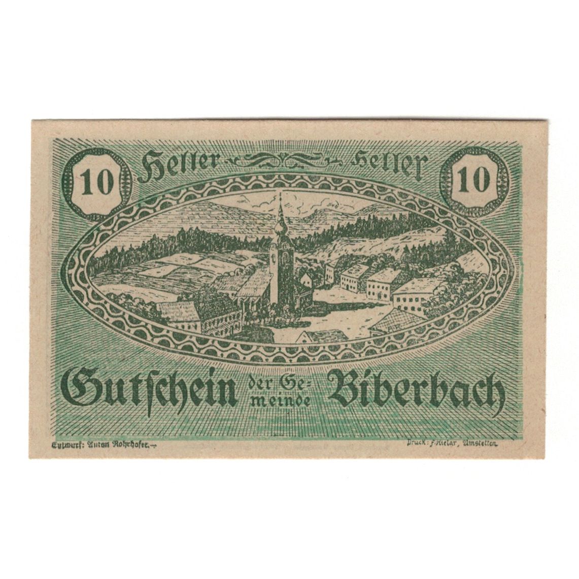 Banknote, Austria, Biberbach N.Ö. Gemeinde, 10 Heller, paysage 1, 1920