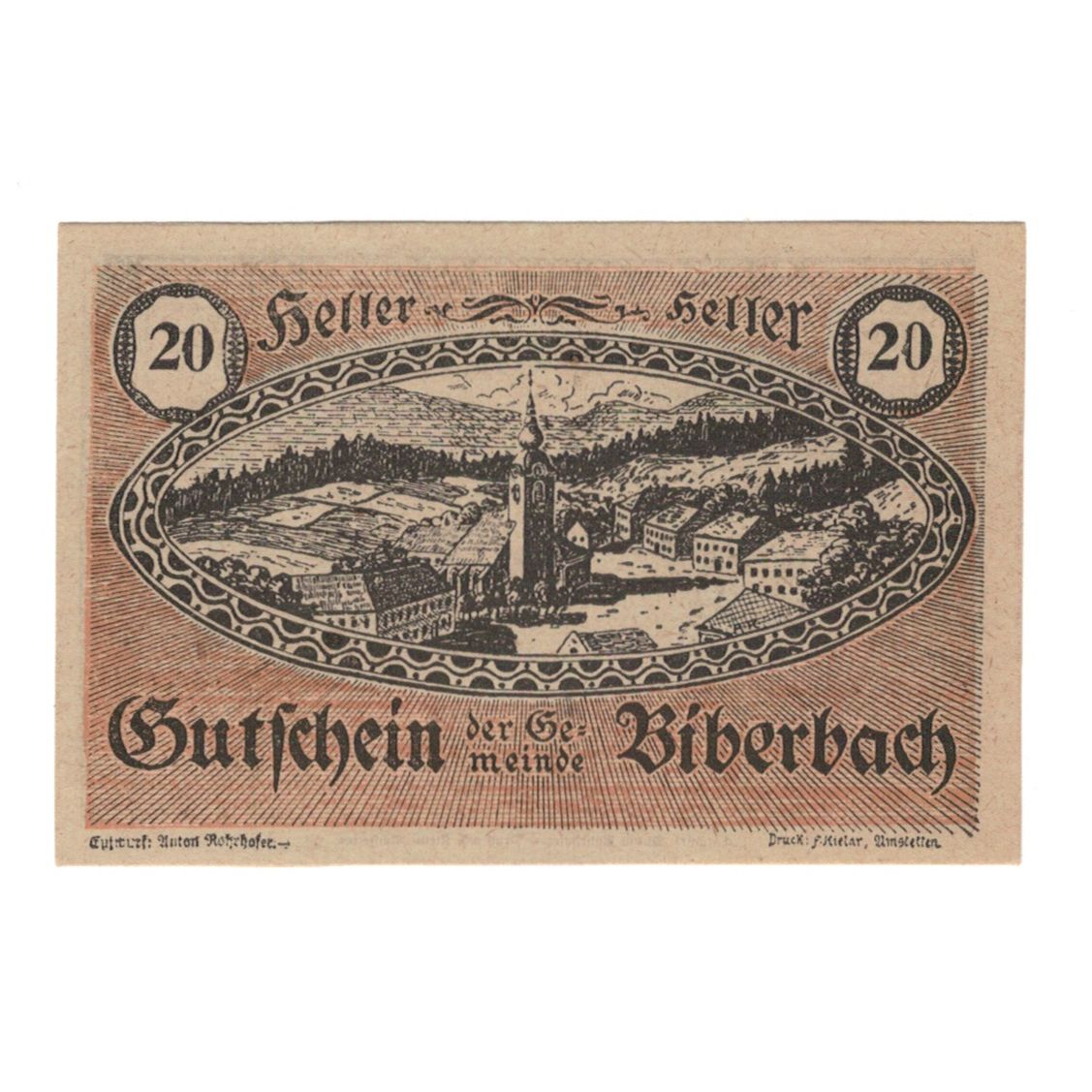 Billet, Autriche, Biberbach N.Ö. Gemeinde, 20 Heller, paysage, 1920