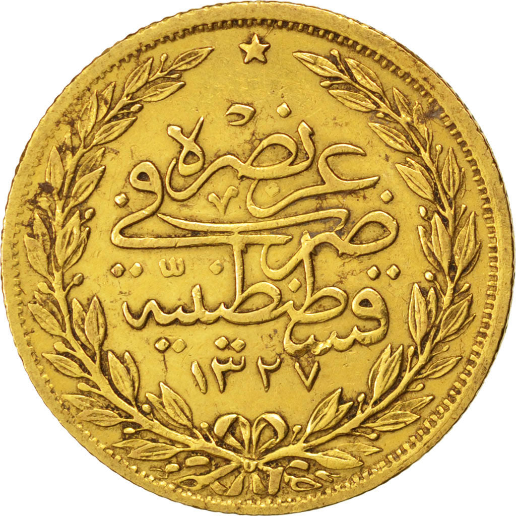 TURKEY, 100 Kurush, 1912, Qustantiniyah, KM #754, AU(50-53), Gold, 7.22