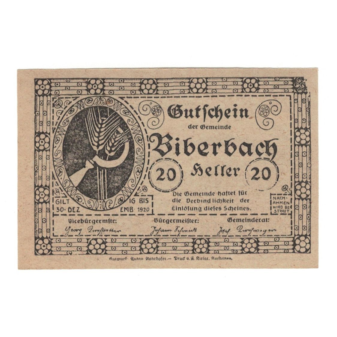 Banknote, Austria, Biberbach N.Ö. Gemeinde, 20 Heller, paysage 1, 1920