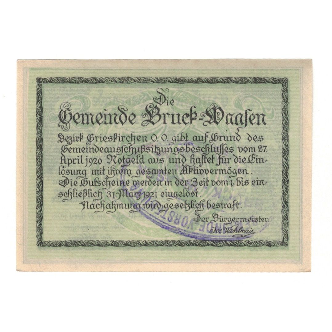 Billet, Autriche, Bruck-Waasen O.Ö. Gemeinde, 50 Heller, texte 1, 1921