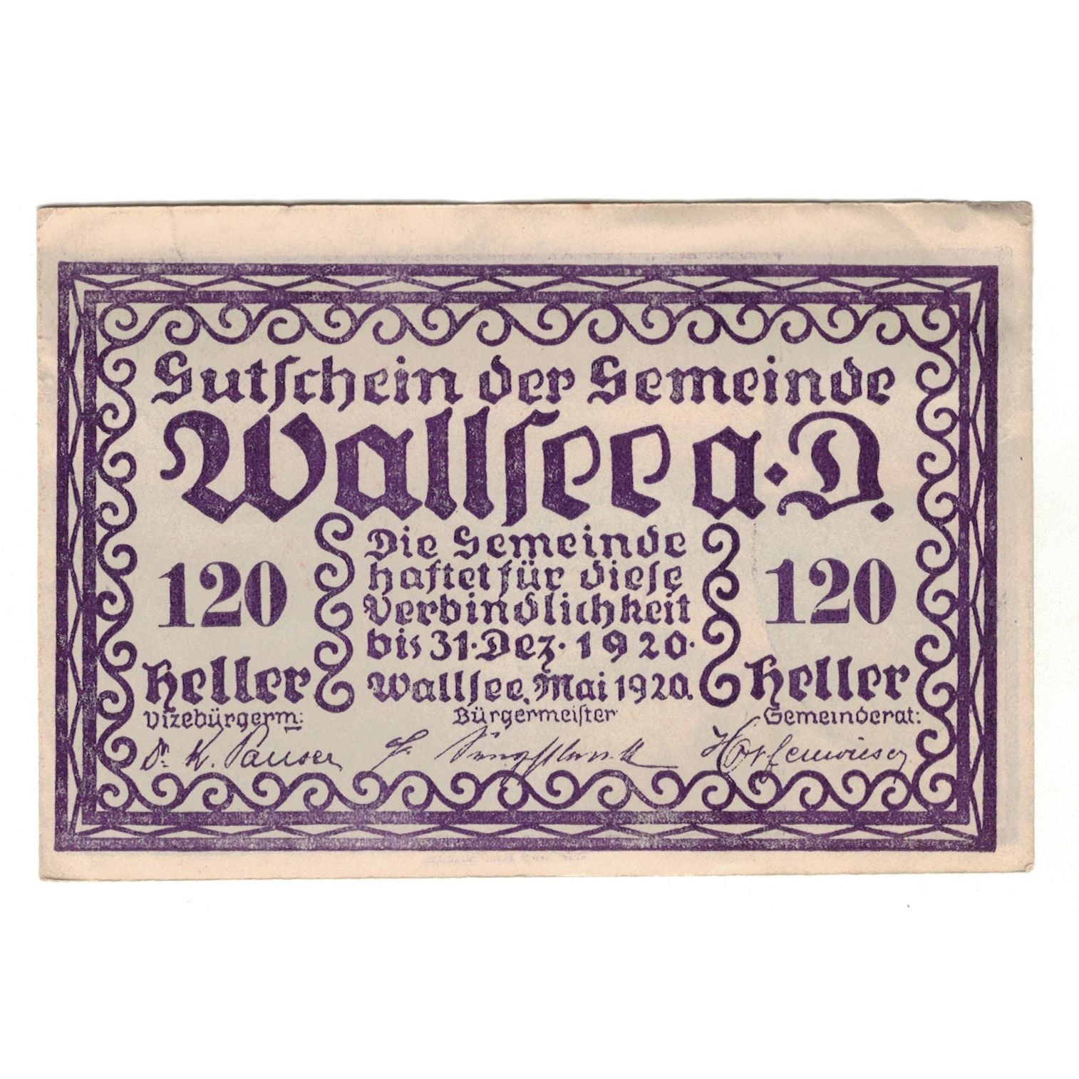 Banknot, Austria, Wallsee N.Ö. Gemeinde, 120 Heller, paysage, 1920, 1920-12-31