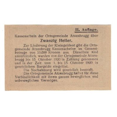 Billet, Autriche, Atzenbrugg N.Ö. Ortsgemeinde, 20 Heller, Texte, 1920