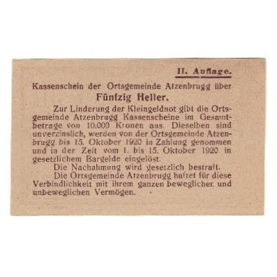 Billet, Autriche, Atzenbrugg N.Ö. Ortsgemeinde, 50 Heller, Texte, 1920
