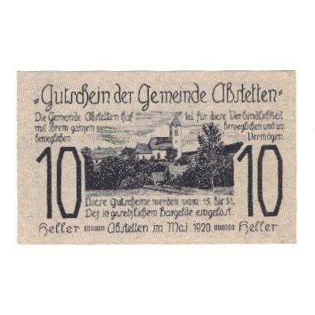 Banknote, Austria, Abstetten N.Ö. Gemeinde, 10 Heller, Texte, 1920, 1920-12-31