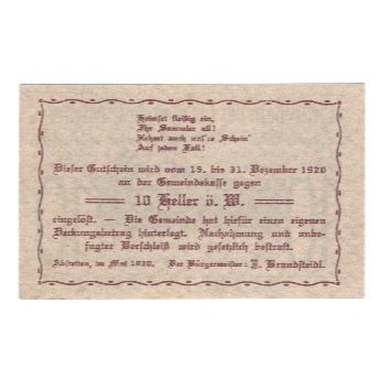 Banknote, Austria, Abstetten N.Ö. Gemeinde, 10 Heller, Texte, 1920, 1920-12-31