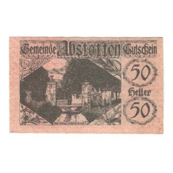 Banknote, Austria, Abstetten N.Ö. Gemeinde, 50 Heller, Texte, 1920, 1920-12-31