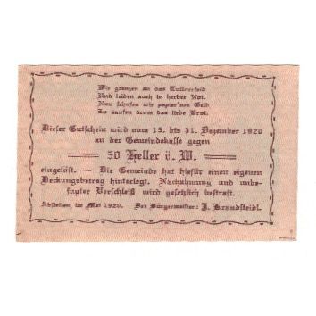 Banknote, Austria, Abstetten N.Ö. Gemeinde, 50 Heller, Texte, 1920, 1920-12-31