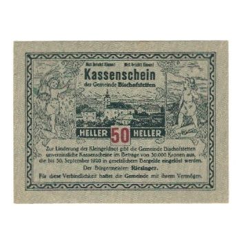 Billet, Autriche, Bischofstetten N.Ö. Gemeinde, 50 Heller, valeur faciale