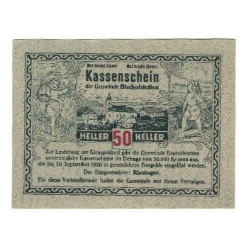 Banknote, Austria, Bischofstetten N.Ö. Gemeinde, 50 Heller, valeur faciale 1