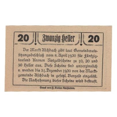 Banknote, Austria, Aschbach N.Ö. Marktgemeinde, 20 Heller, Texte, 1920