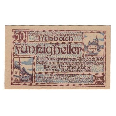 Banknote, Austria, Aschbach N.Ö. Marktgemeinde, 50 Heller, Texte, 1920