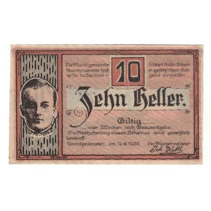 Banknote, Austria, Aurolzmünster O.Ö. Marktgemeinde, 10 Heller, village, 1920
