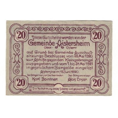Banknote, Austria, Aistersheim O.Ö. Gemeinde, 20 Heller, Eglise, 1921