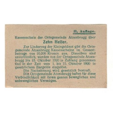 Banknote, Austria, Atzenbrugg N.Ö. Ortsgemeinde, 10 Heller, Texte, 1920