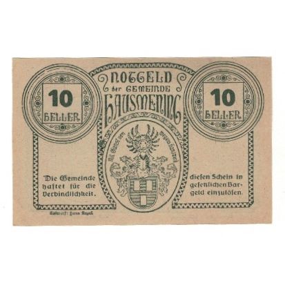 Banknote, Austria, Hausmening N.Ö. Gemeinde, 10 Heller, valeur faciale, 1920