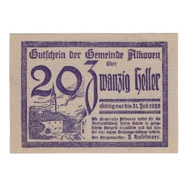 Nota, Áustria, Alkoven O.Ö. Gemeinde, 20 Heller, N.D, 1920, 1920-07-31