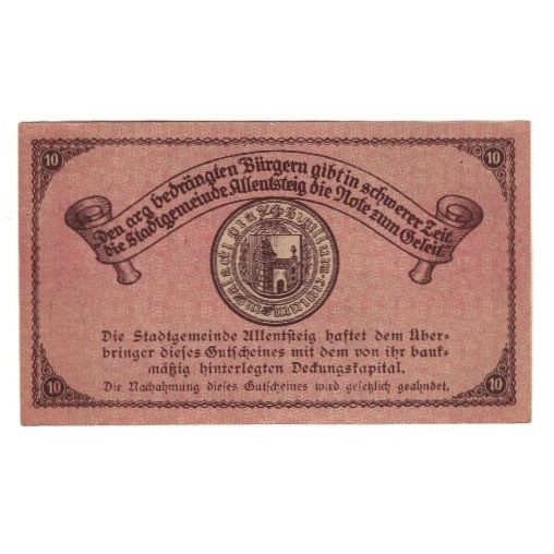 Billet, Autriche, Allentsteig N.Ö. Stadtgemeinde, 10 Heller, Texte, 1921
