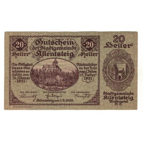 Billet, Autriche, Allentsteig N.Ö. Stadtgemeinde, 20 Heller, Texte, 1921