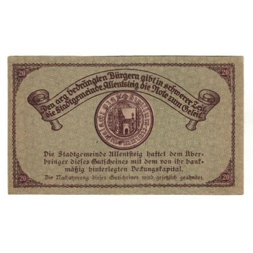 Billet, Autriche, Allentsteig N.Ö. Stadtgemeinde, 20 Heller, Texte, 1921