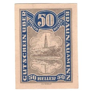 Billet, Autriche, Braunau am Inn O.Ö. Stadtgemeinde, 50 Heller, valeur faciale