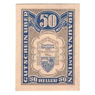 Billet, Autriche, Braunau am Inn O.Ö. Stadtgemeinde, 50 Heller, valeur faciale