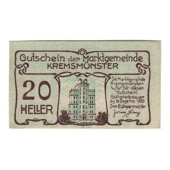 Banknote, Austria, Kremsmünster O.Ö. Marktgemeinde, 20 Heller, cochon, 1920
