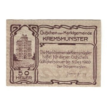 Geldschein, Österreich, Kremsmünster O.Ö. Marktgemeinde, 50 Heller, cochon