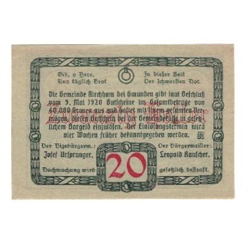 Geldschein, Österreich, Kirchham O.Ö. Marktgemeinde, 20 Heller, Texte, 1920