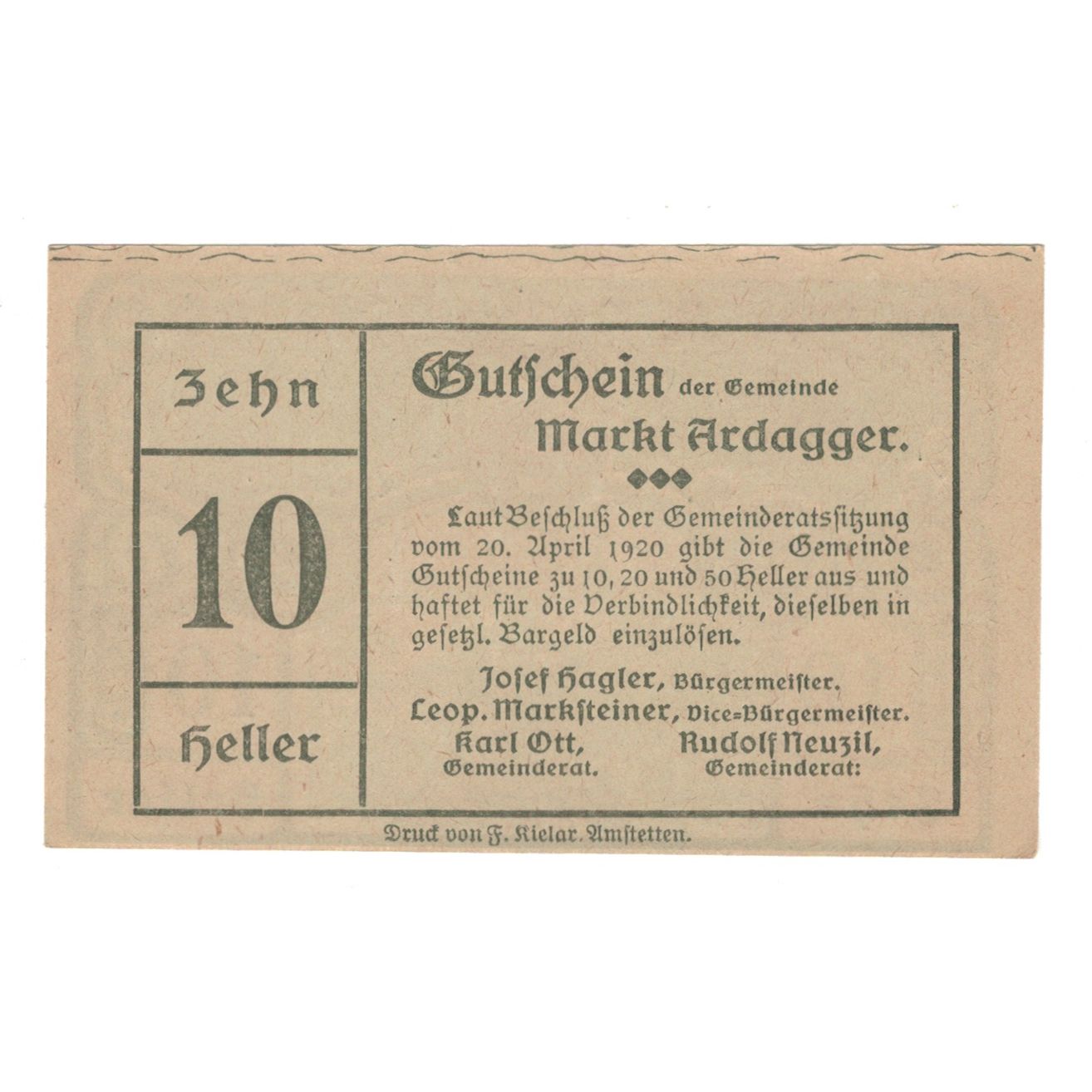 Billet, Autriche, Ardagger Markt N.Ö. Gemeinde, 10 Heller, Texte 2, 1920
