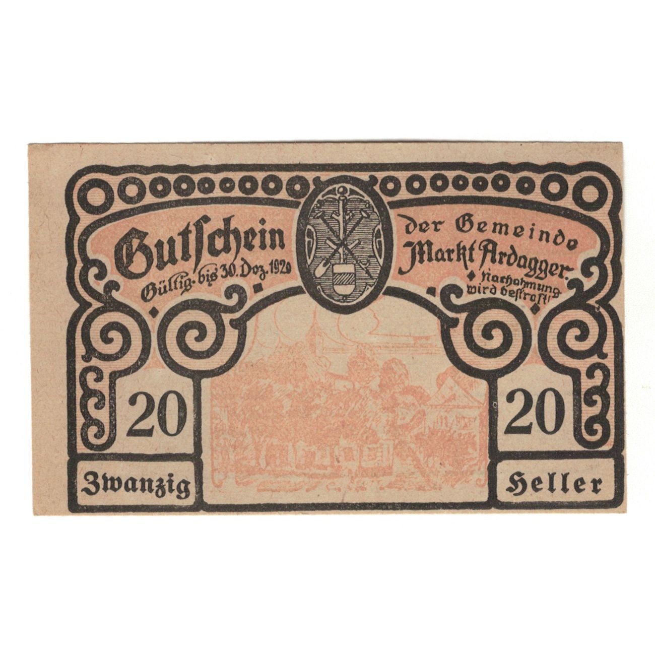 Billet, Autriche, Ardagger Markt N.Ö. Gemeinde, 20 Heller, texte 1, 1920