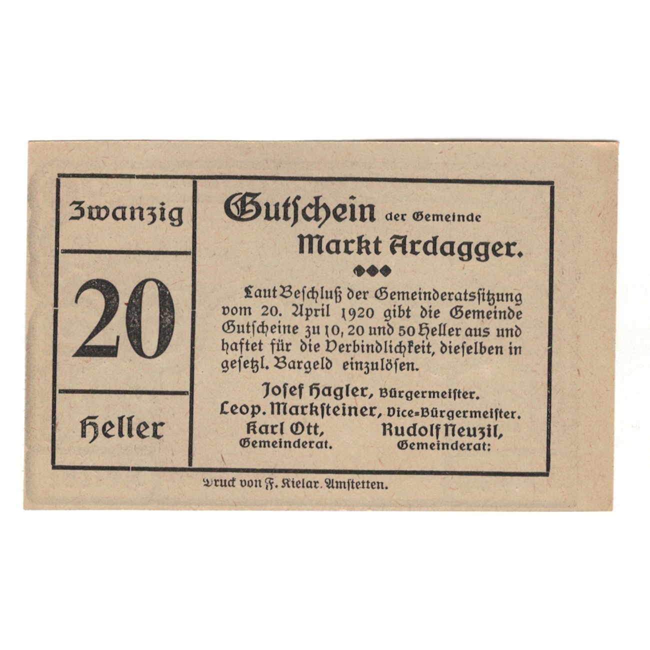 Billet, Autriche, Ardagger Markt N.Ö. Gemeinde, 20 Heller, texte 1, 1920