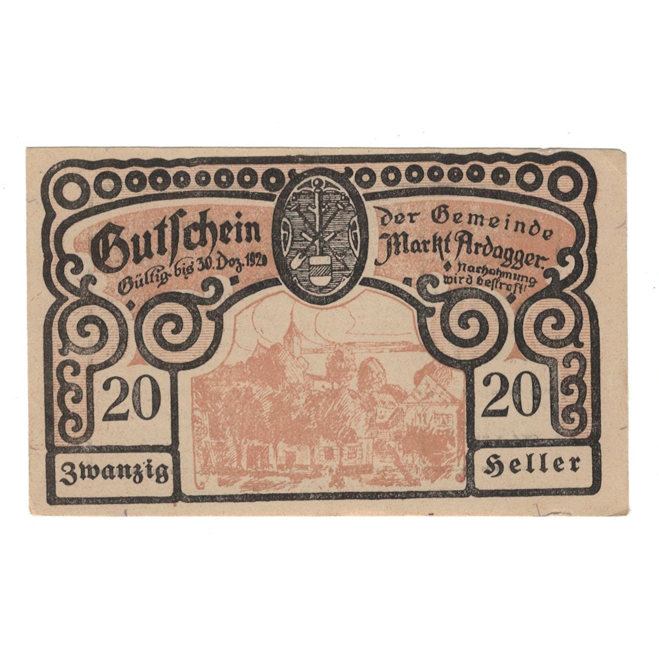Billet, Autriche, Ardagger Markt N.Ö. Gemeinde, 20 Heller, Texte 2, 1920