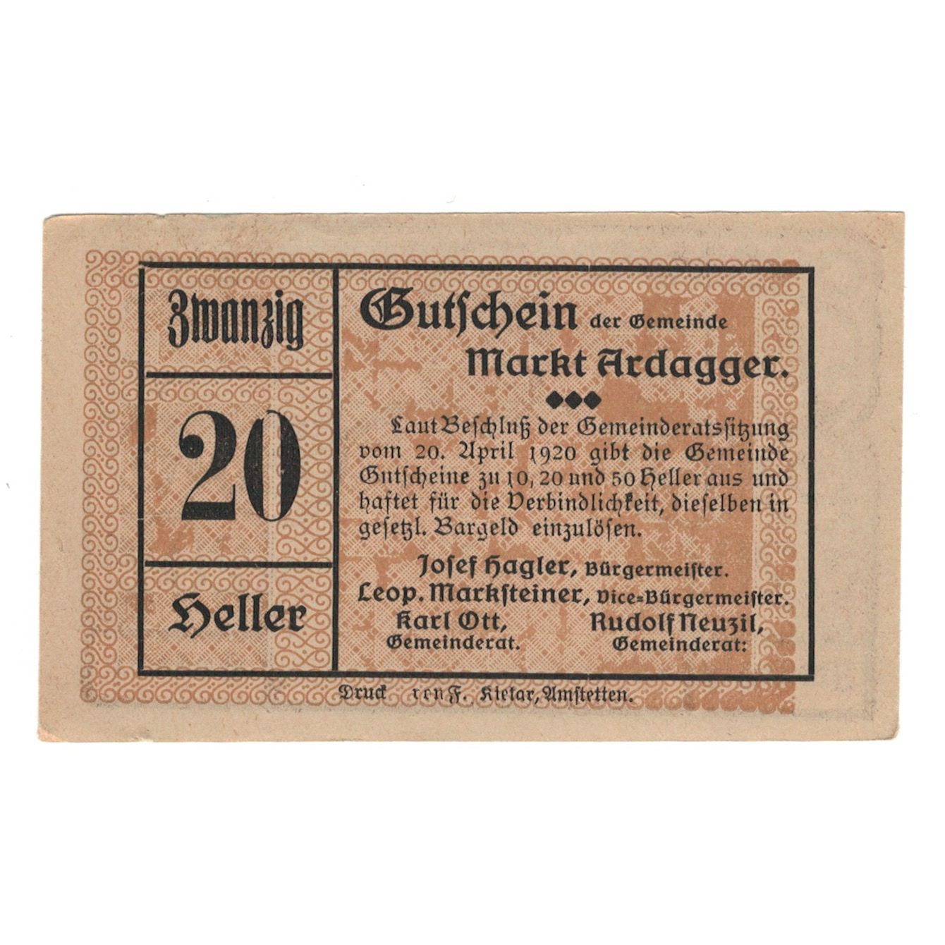Billet, Autriche, Ardagger Markt N.Ö. Gemeinde, 20 Heller, Texte 2, 1920