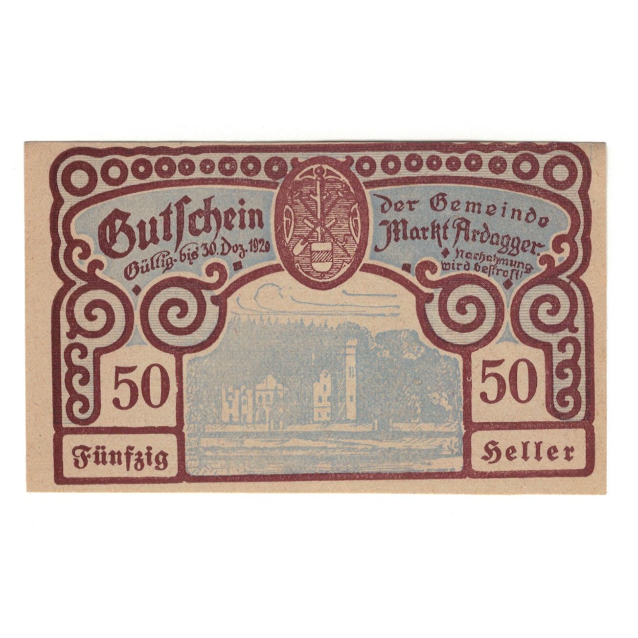 Billet, Autriche, Ardagger Markt N.Ö. Gemeinde, 50 Heller, Texte, 1920