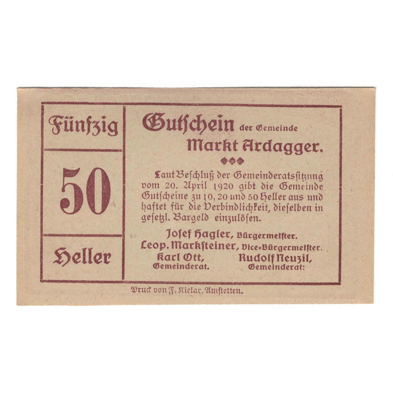 Billet, Autriche, Ardagger Markt N.Ö. Gemeinde, 50 Heller, Texte, 1920
