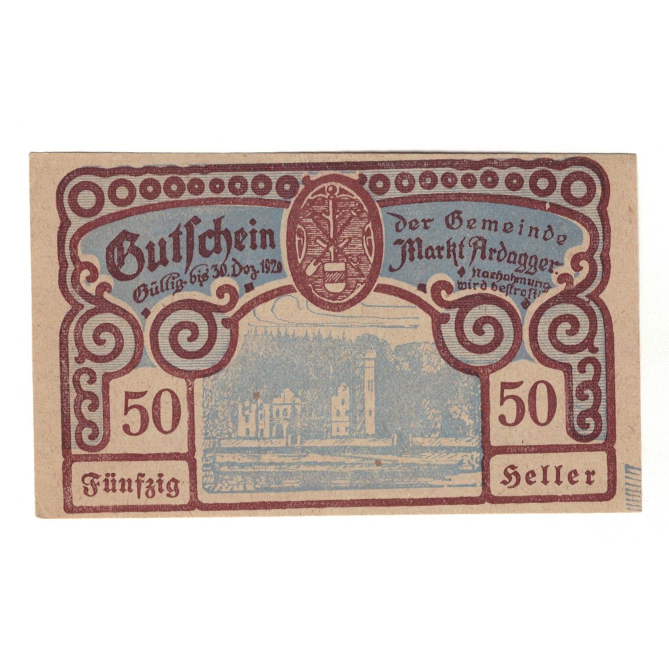 Billet, Autriche, Ardagger Markt N.Ö. Gemeinde, 50 Heller, texte 1, 1920