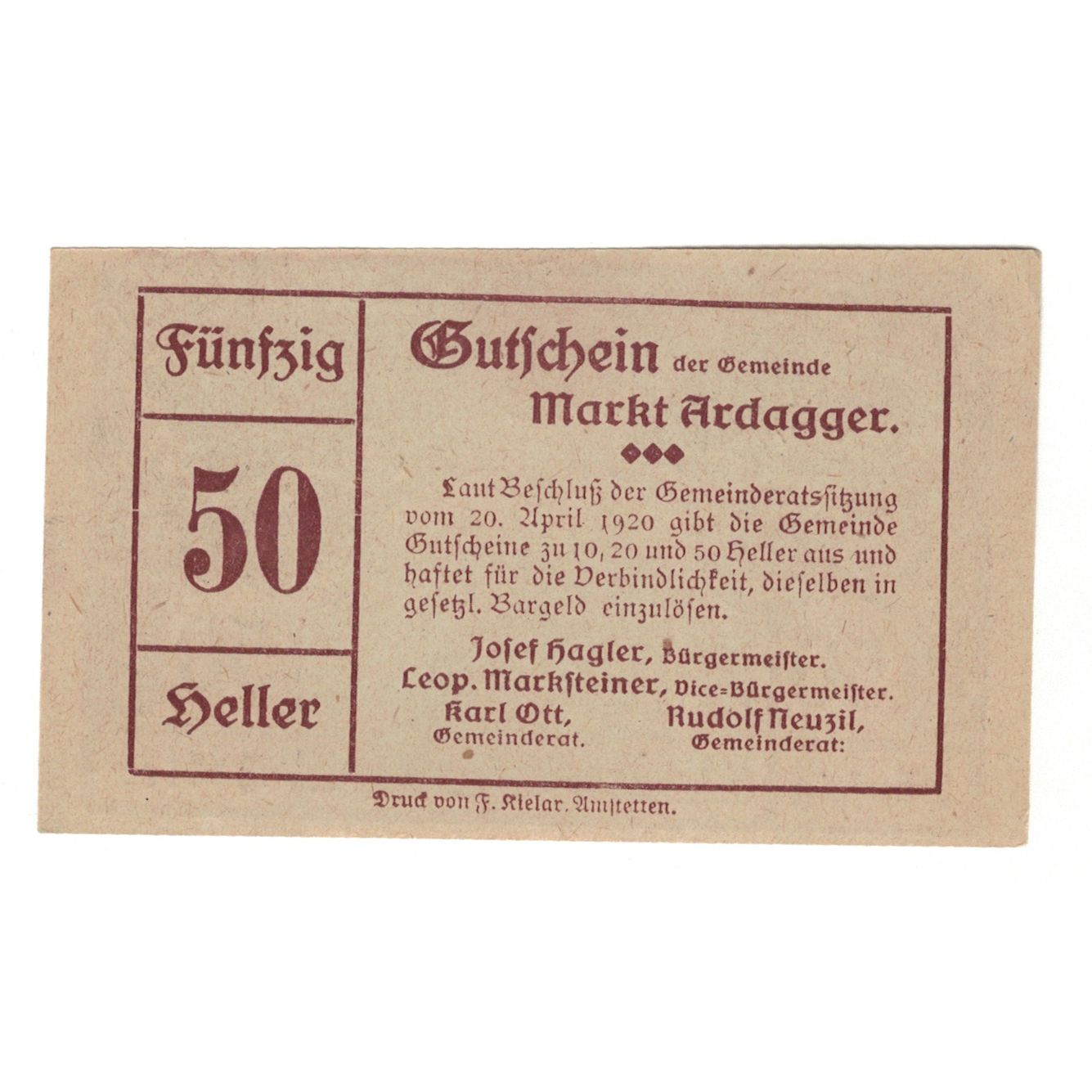 Billet, Autriche, Ardagger Markt N.Ö. Gemeinde, 50 Heller, texte 1, 1920