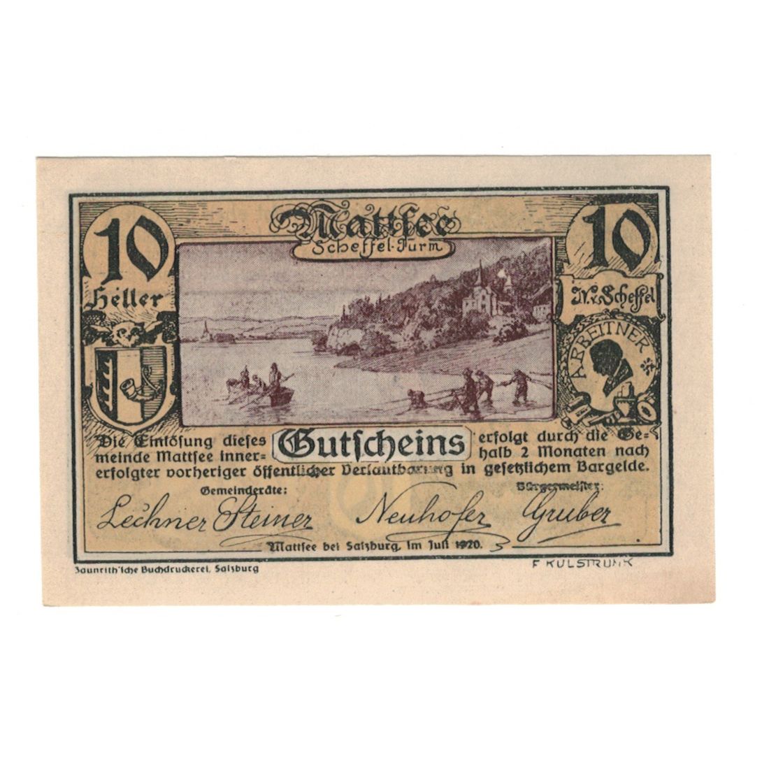 Banconote, Austria, Mattsee bei Salzburg Sbg. Gemeinde, 10 Heller, personnage