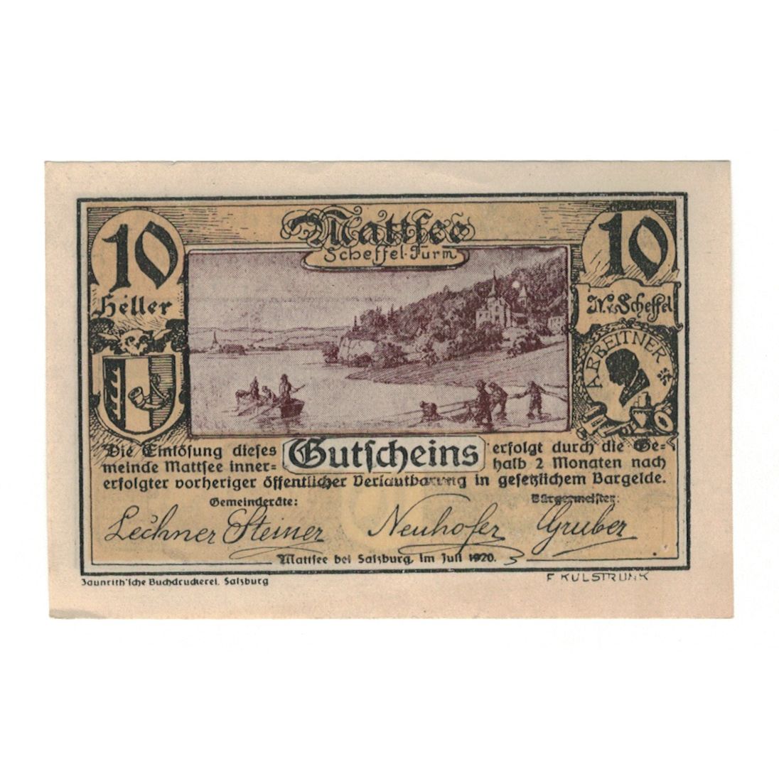 Banknote, Austria, Mattsee bei Salzburg Sbg. Gemeinde, 10 Heller, personnage 1