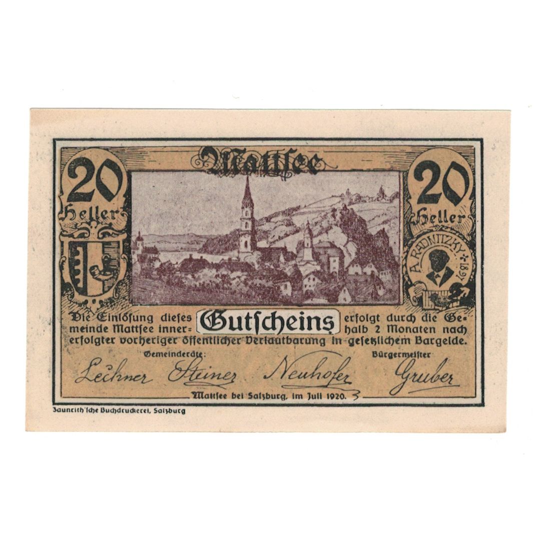 Banknote, Austria, Mattsee bei Salzburg Sbg. Gemeinde, 20 Heller, paysage, 1920