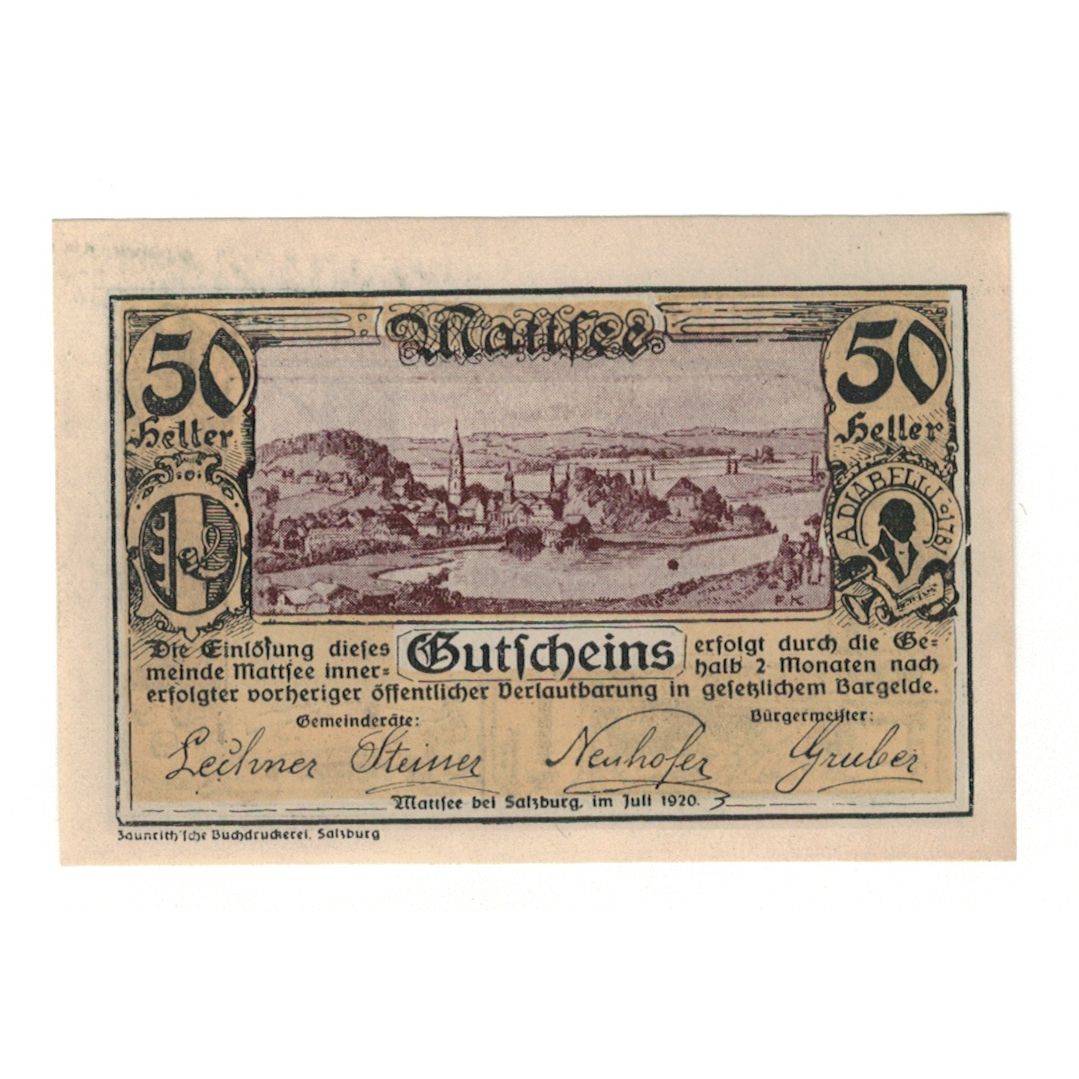 Banknote, Austria, Mattsee bei Salzburg Sbg. Gemeinde, 50 Heller, Port, 1920