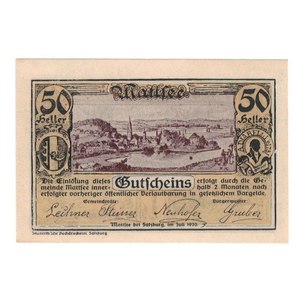 Billet, Autriche, Mattsee bei Salzburg Sbg. Gemeinde, 50 Heller, port 1, 1920