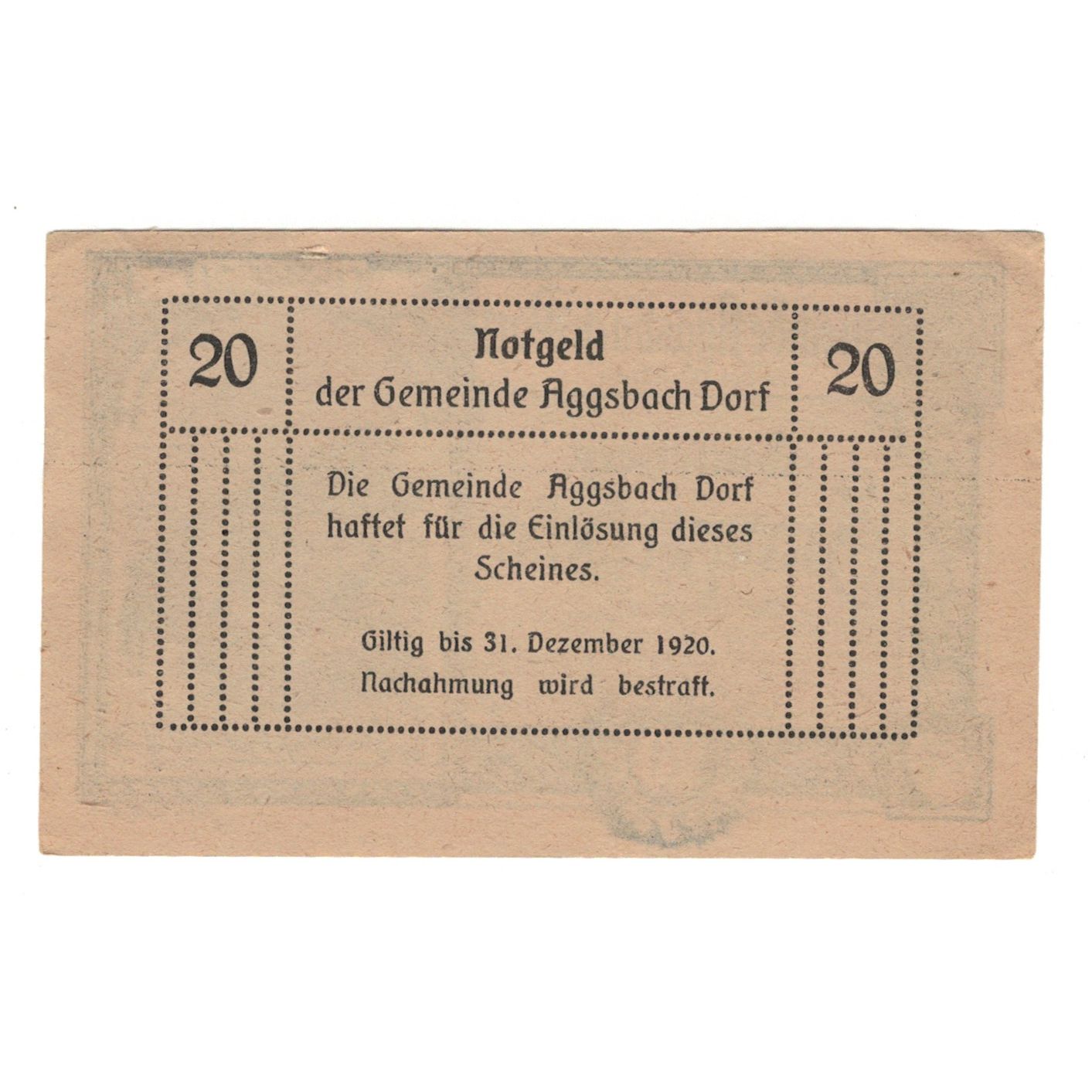 Geldschein, Österreich, Aggsbach Dorf N.Ö. Gemeinde, 20 Heller, Texte, 1920