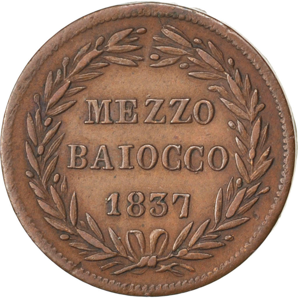 ITALIAN STATES, Mezzo (1/2) Baiocco, 1837, Bologne, KM #1319, AU(50-53),...