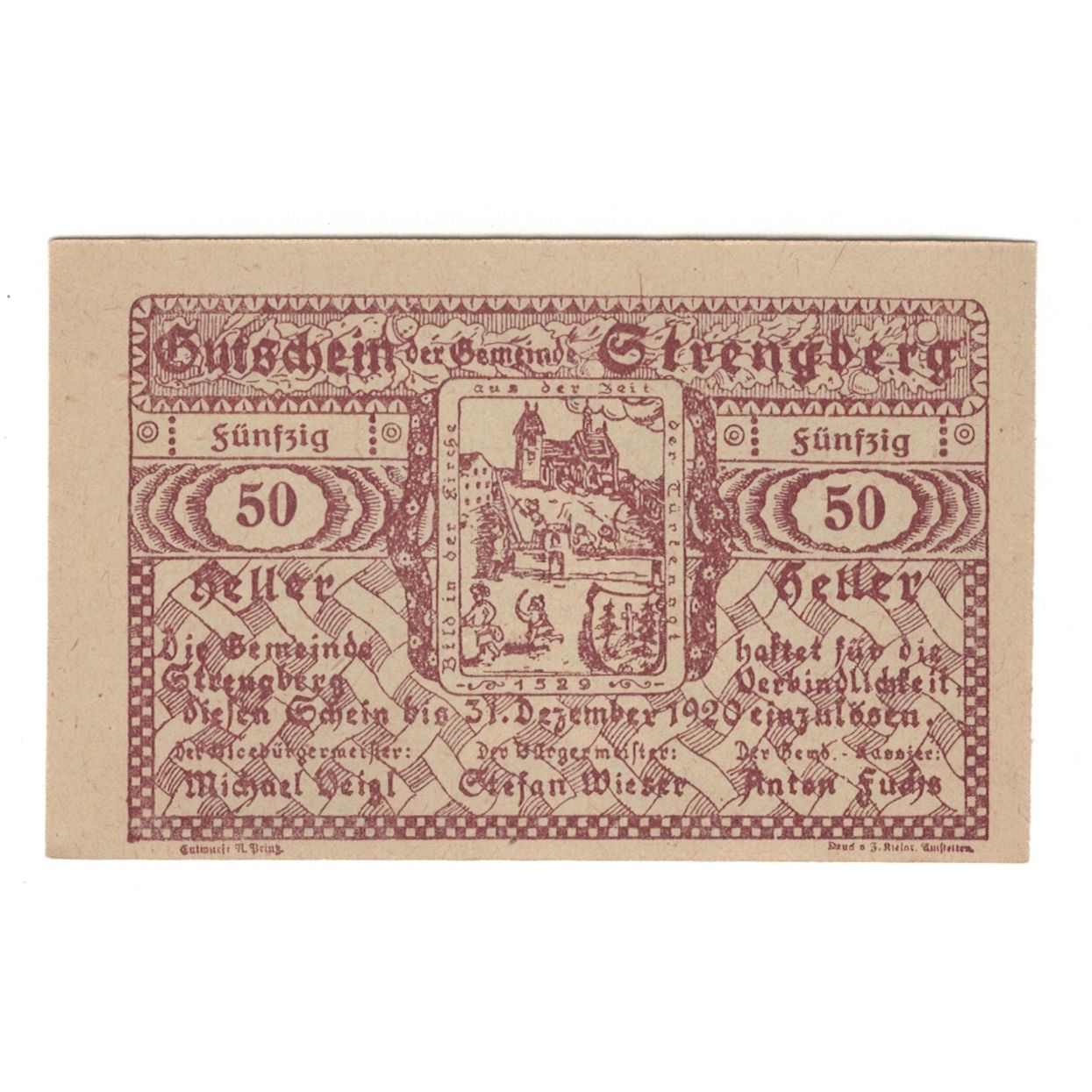 Geldschein, Österreich, Strengberg N.Ö. Gemeinde, 50 Heller, Texte, 1920